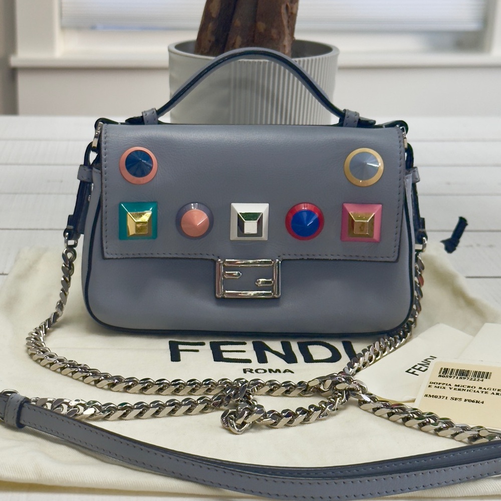 Fendi Micro Baguette Bag Grey Leather Multicolor Studs COA